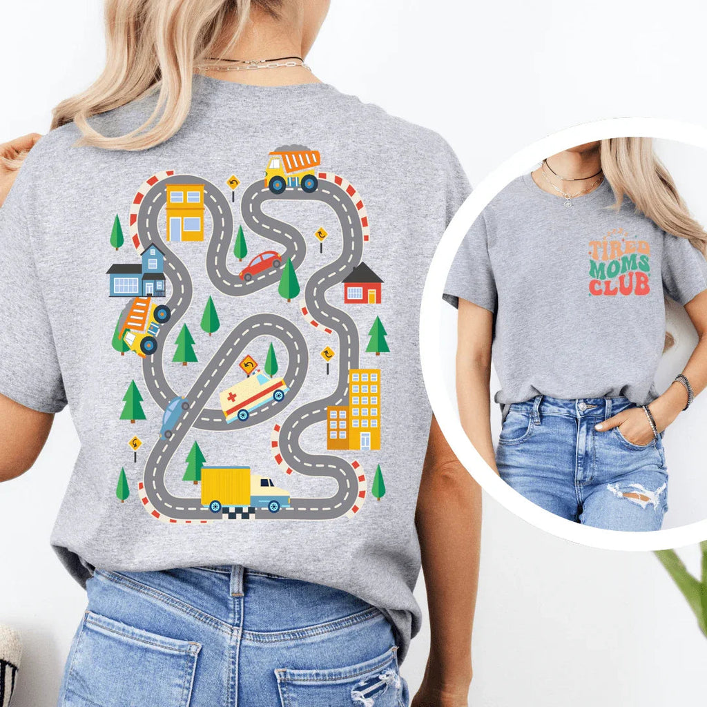 Kids Play Car Race On Mom’s Back Tee Peachy Sunday