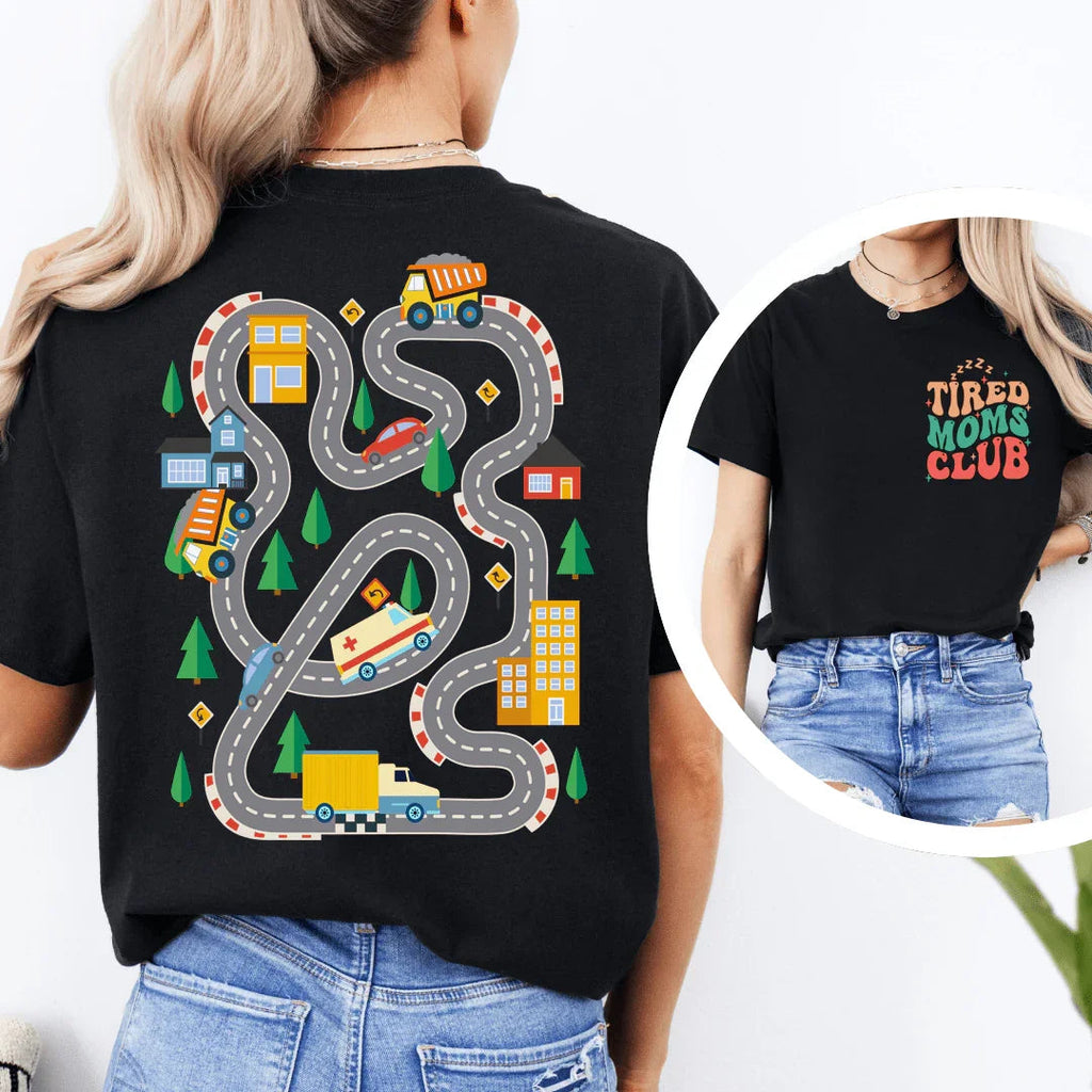 Kids Play Car Race On Mom’s Back Tee Peachy Sunday