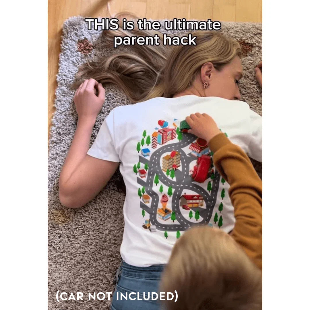 Kids Play Car Race On Mom’s Back Tee Peachy Sunday