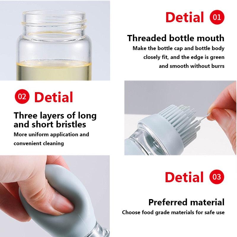 Kitchen Silicone Oil Bottle Portable Sauce Seasoning Tool Cooking Baking BBQ Quantitative Brush Dispenser Universal Accessories Glass Olive Bottle with Silicone Brush and Dropper Measuring Container for Kitchen Cooking Pancake Frying BBQ Accessories Stevvex