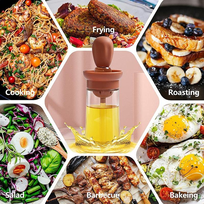 Kitchen Silicone Oil Bottle Portable Sauce Seasoning Tool Cooking Baking BBQ Quantitative Brush Dispenser Universal Accessories Glass Olive Bottle with Silicone Brush and Dropper Measuring Container for Kitchen Cooking Pancake Frying BBQ Accessories Stevvex