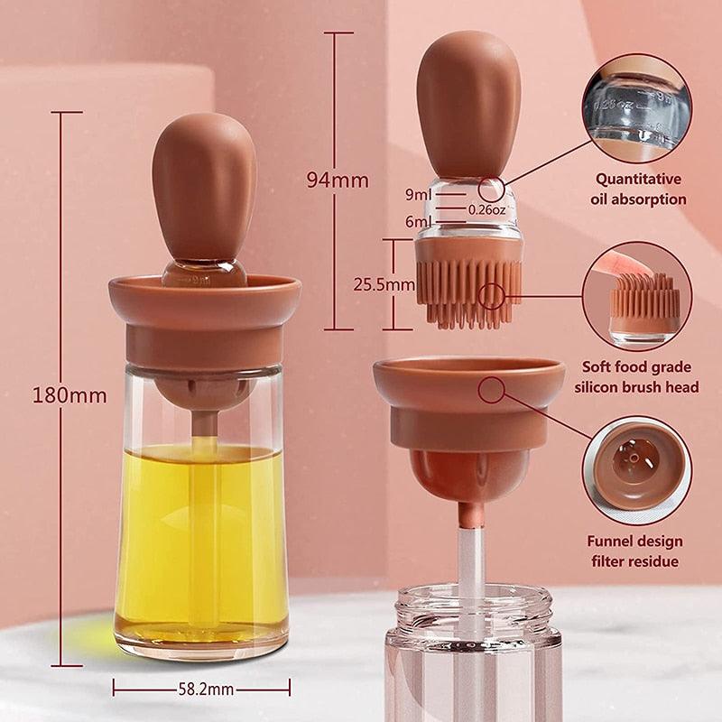 Kitchen Silicone Oil Bottle Portable Sauce Seasoning Tool Cooking Baking BBQ Quantitative Brush Dispenser Universal Accessories Glass Olive Bottle with Silicone Brush and Dropper Measuring Container for Kitchen Cooking Pancake Frying BBQ Accessories Stevvex