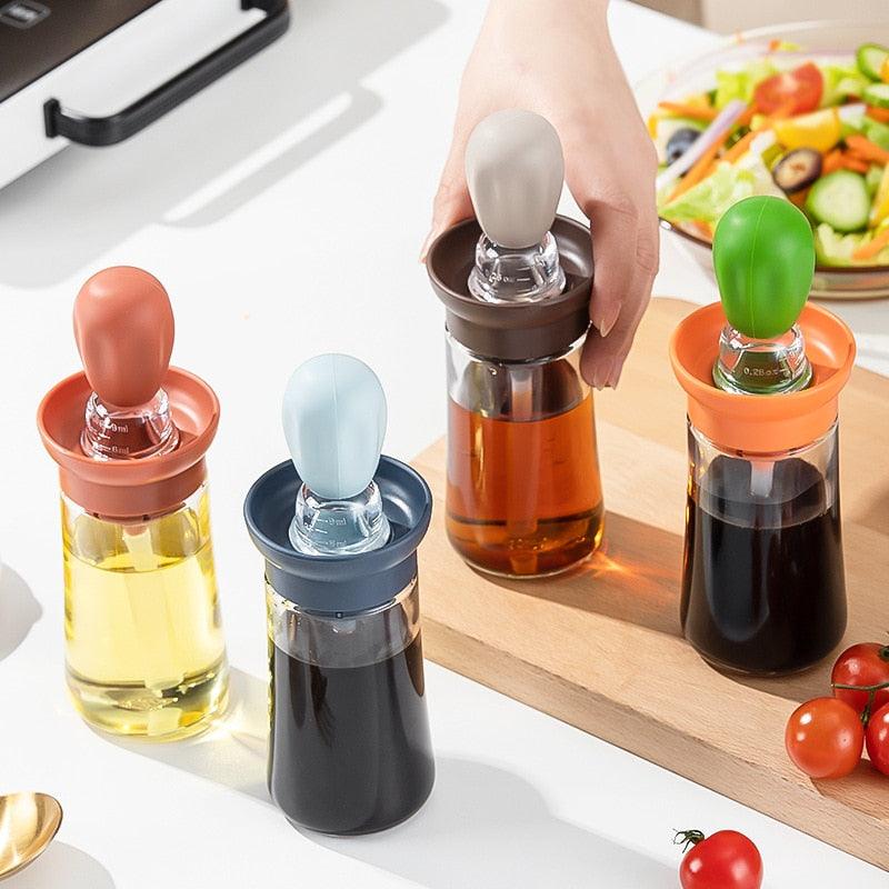 Kitchen Silicone Oil Bottle Portable Sauce Seasoning Tool Cooking Baking BBQ Quantitative Brush Dispenser Universal Accessories Glass Olive Bottle with Silicone Brush and Dropper Measuring Container for Kitchen Cooking Pancake Frying BBQ Accessories Stevvex