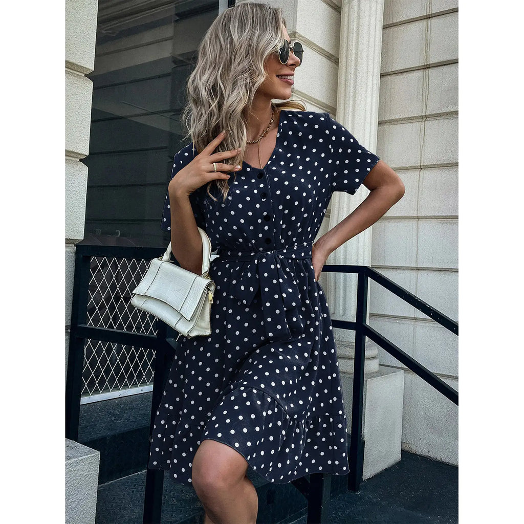 European And American Summer V Neck Short Sleeved Ruffled Polka Dot Dress Pi-Mart