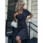European And American Summer V Neck Short Sleeved Ruffled Polka Dot Dress Pi-Mart