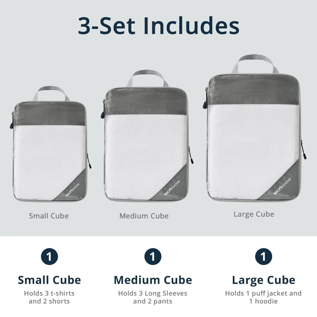 Compression Packing Cubes for Travel, Packing Cubes Compression Travel Essentials, Compressible Packing Cubes Travel Organizers for Carry-on Luggage Suitcase Grey 3pcs Pi-Mart