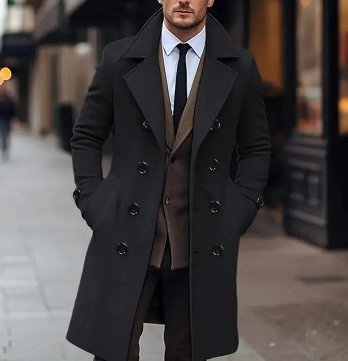 Fall Winter Men Woolen Coat Double Breasted Long Pi-Mart