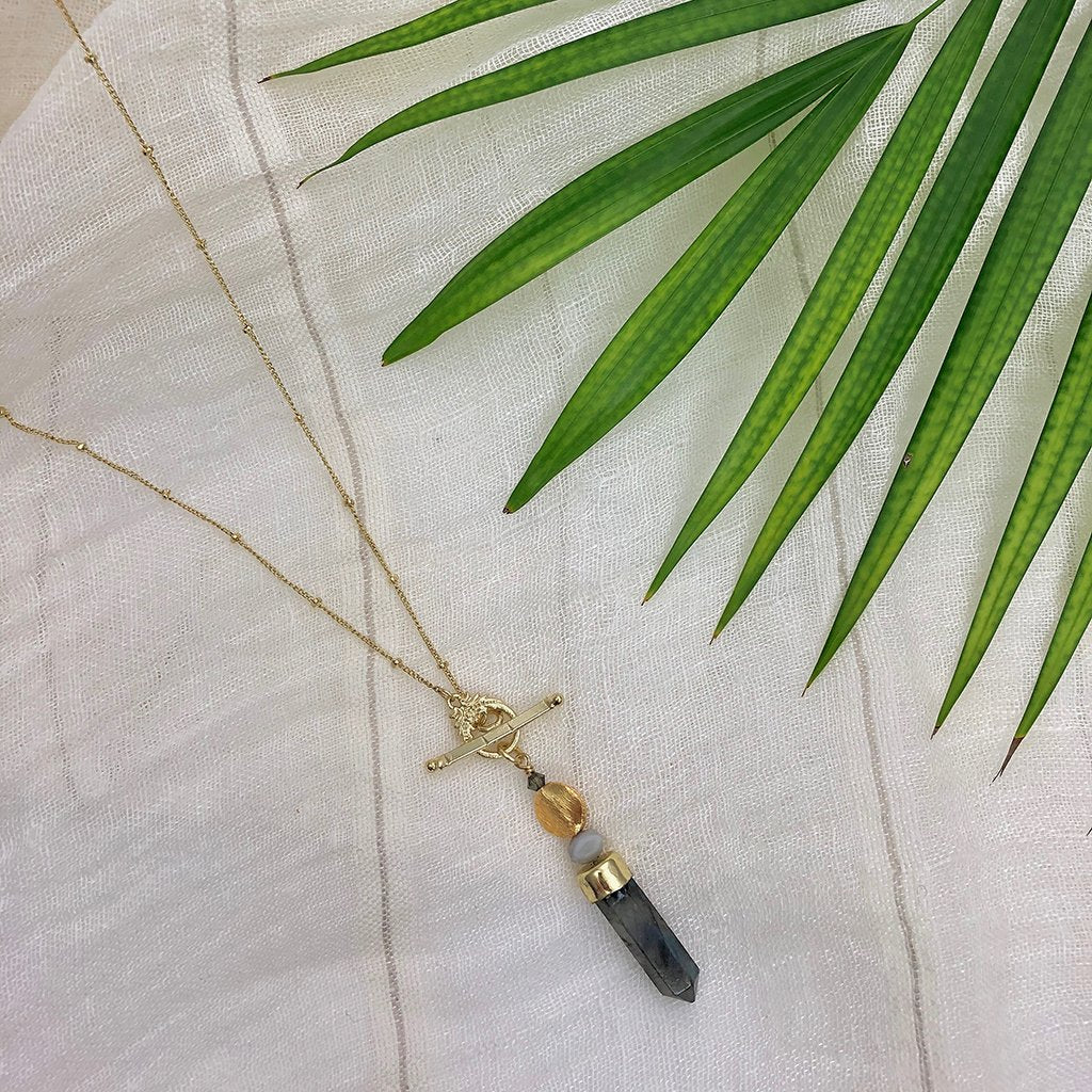 Labradorite Lariat Necklace Large Pendant Satellite Chain Bar Circle Closure BandsCo Straps