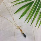 Labradorite Lariat Necklace Large Pendant Satellite Chain Bar Circle Closure BandsCo Straps