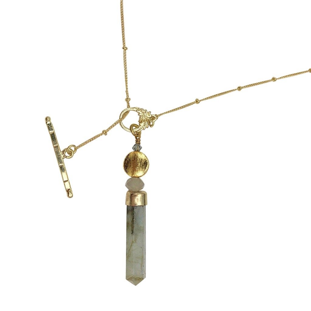 Labradorite Lariat Necklace Large Pendant Satellite Chain Bar Circle Closure BandsCo Straps