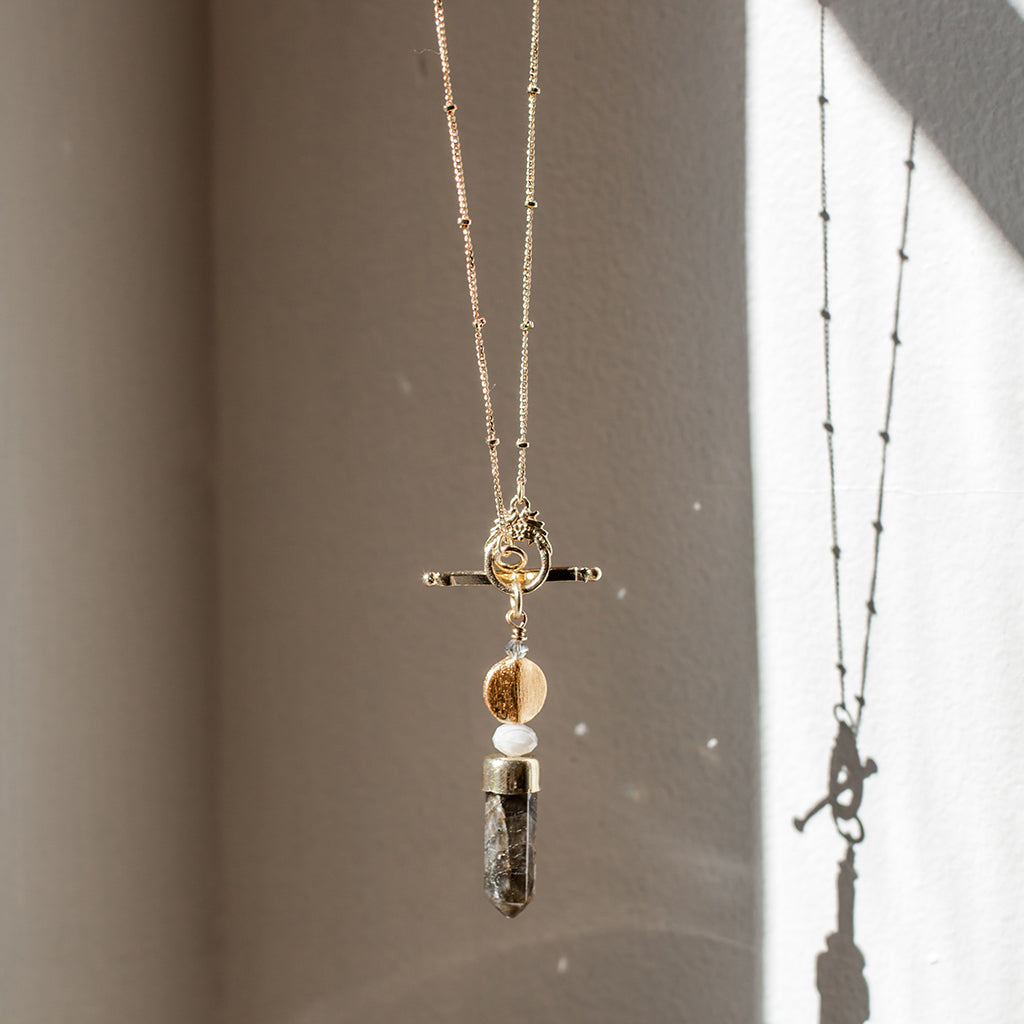 Labradorite Lariat Necklace Large Pendant Satellite Chain Bar Circle Closure BandsCo Straps