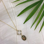 Labradorite Pendant Necklace Brass Wire Wrap Glass Beads Minimal Healing Aura BandsCo Straps