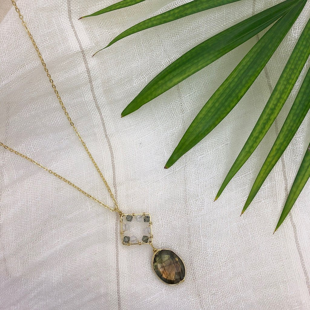 Labradorite Pendant Necklace Brass Wire Wrap Glass Beads Minimal Healing Aura BandsCo Straps