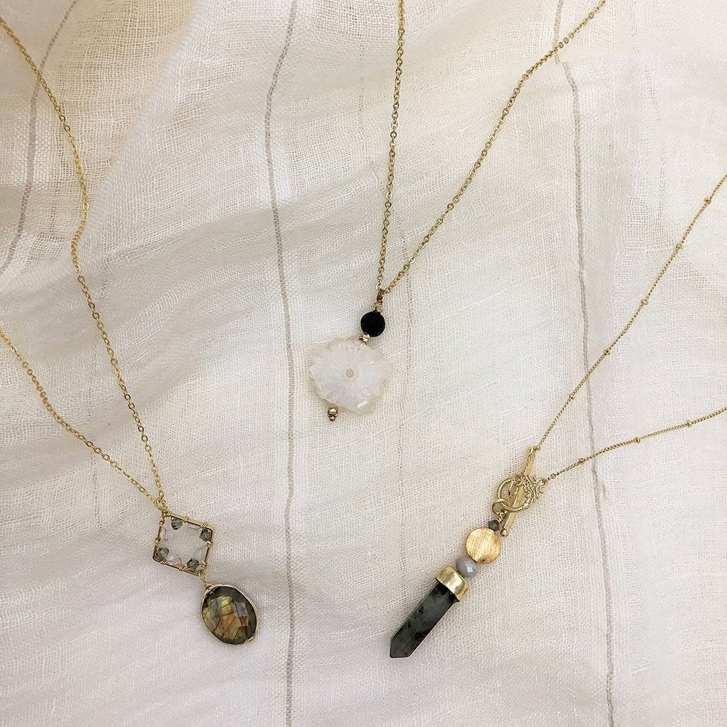 Labradorite Pendant Necklace Brass Wire Wrap Glass Beads Minimal Healing Aura BandsCo Straps