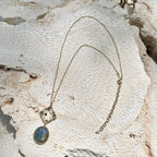 Labradorite Pendant Necklace Brass Wire Wrap Glass Beads Minimal Healing Aura BandsCo Straps