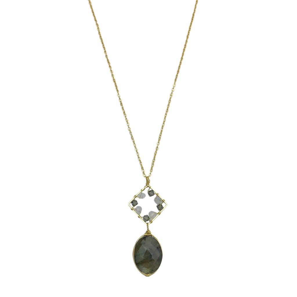 Labradorite Pendant Necklace Brass Wire Wrap Glass Beads Minimal Healing Aura BandsCo Straps