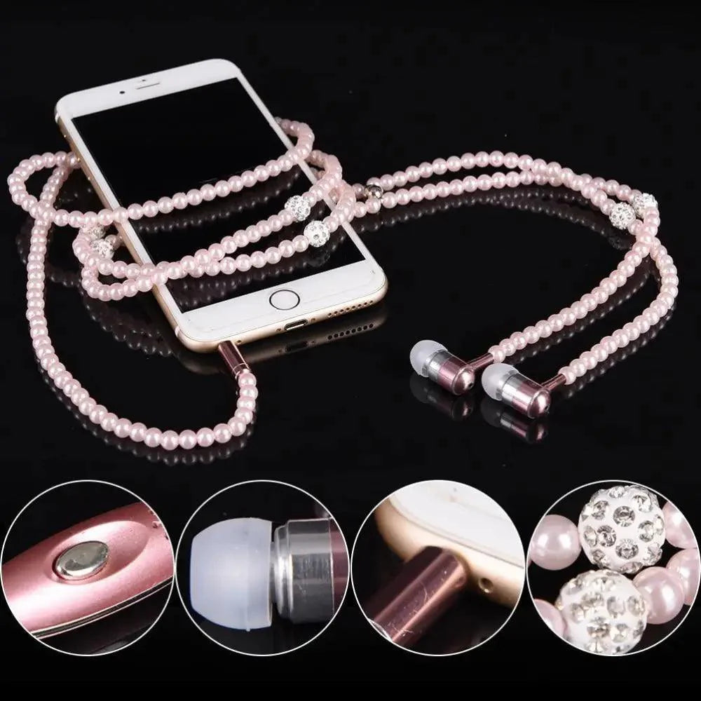 Ladies Luxury Pearl Necklace Pink Earphones With Mic Excellent Sound Quality Stereo Earphones For Everyday Use Stevvex