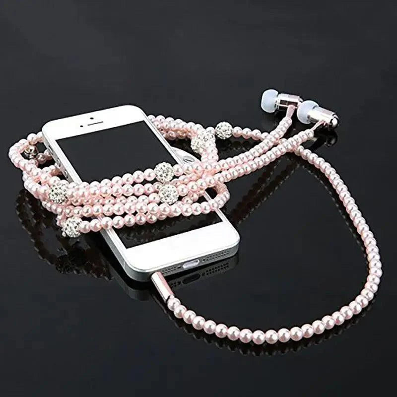 Ladies Luxury Pearl Necklace Pink Earphones With Mic Excellent Sound Quality Stereo Earphones For Everyday Use Stevvex