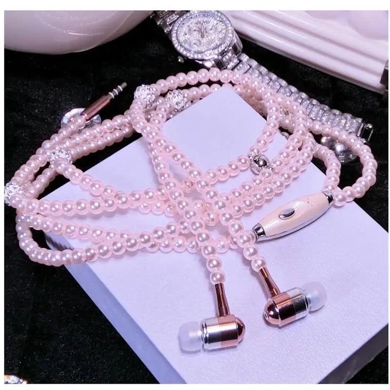 Ladies Luxury Pearl Necklace Pink Earphones With Mic Excellent Sound Quality Stereo Earphones For Everyday Use Stevvex