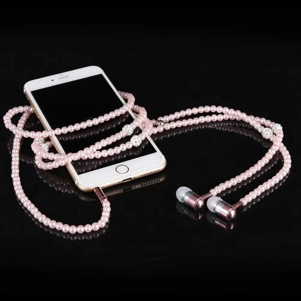 Ladies Luxury Pearl Necklace Pink Earphones With Mic Excellent Sound Quality Stereo Earphones For Everyday Use Stevvex