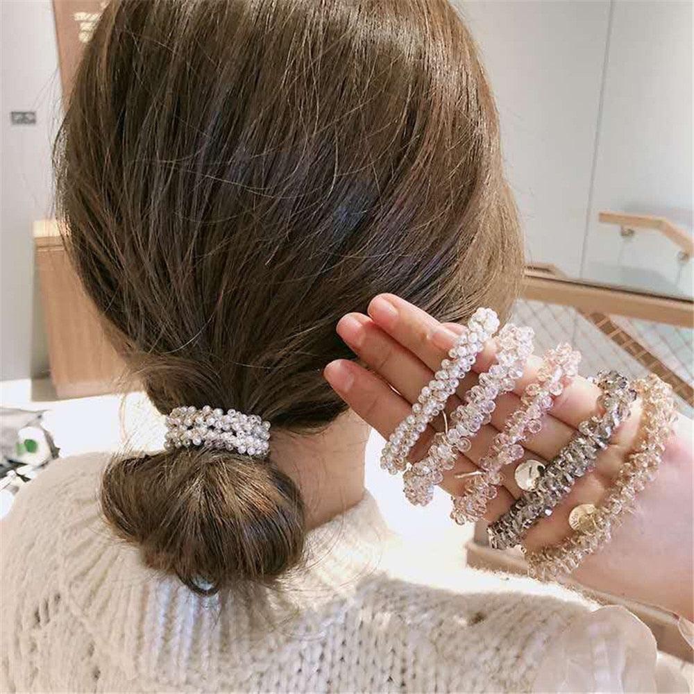 Ladies Pearl Multicolor Beads Hair Tie Elastic Hair Rope Simple Metal Sheets Scrunchies Ponytail Holders Hair Accessories for Women and Girls Stevvex