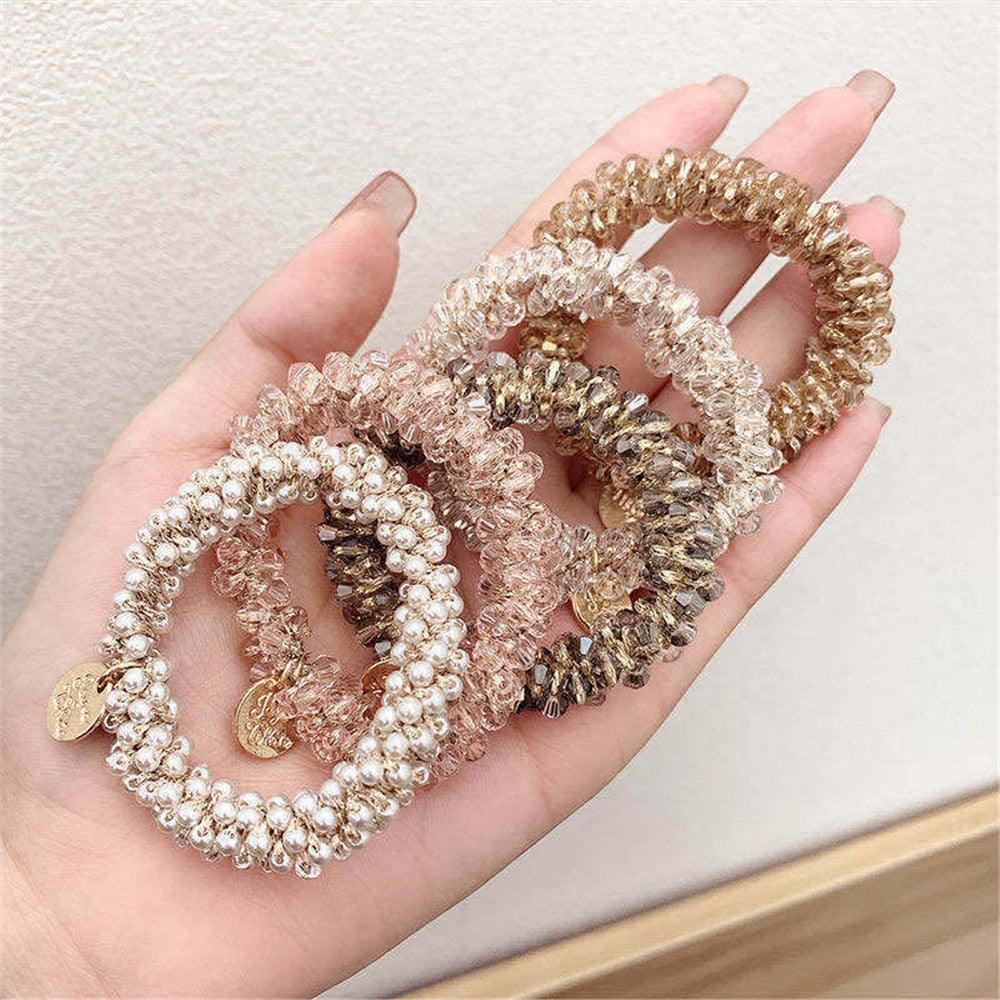 Ladies Pearl Multicolor Beads Hair Tie Elastic Hair Rope Simple Metal Sheets Scrunchies Ponytail Holders Hair Accessories for Women and Girls Stevvex