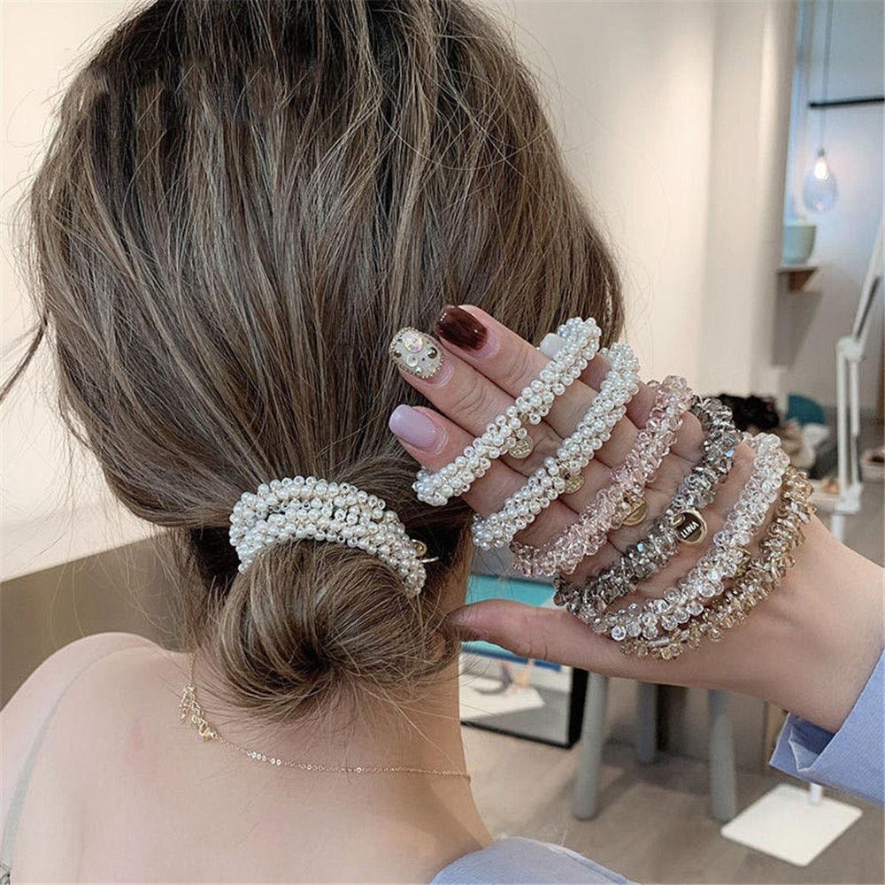 Ladies Pearl Multicolor Beads Hair Tie Elastic Hair Rope Simple Metal Sheets Scrunchies Ponytail Holders Hair Accessories for Women and Girls Stevvex