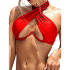 Ladies Summer Solid Color  Swimsuit Female Detachable Shoulder Strap Halter Bikini Women's Bikini Swimsuits One Piece Bathing Suits Tie Knot Cutout Swimwear with Crisscross Design