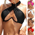 Ladies Summer Solid Color  Swimsuit Female Detachable Shoulder Strap Halter Bikini Women's Bikini Swimsuits One Piece Bathing Suits Tie Knot Cutout Swimwear with Crisscross Design