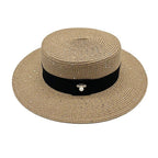 Ladies Sun Boater Classic Flat Hats Straw Hat Wide Brim Boater Hat Summer Straw Hat Beautiful Accessories For Women Retro Female Flat Cap Foldable Packable Beach Hat for Summer 55-58cm Stevvex