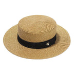 Ladies Sun Boater Classic Flat Hats Straw Hat Wide Brim Boater Hat Summer Straw Hat Beautiful Accessories For Women Retro Female Flat Cap Foldable Packable Beach Hat for Summer 55-58cm Stevvex