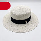 Ladies Sun Boater Classic Flat Hats Straw Hat Wide Brim Boater Hat Summer Straw Hat Beautiful Accessories For Women Retro Female Flat Cap Foldable Packable Beach Hat for Summer 55-58cm Stevvex