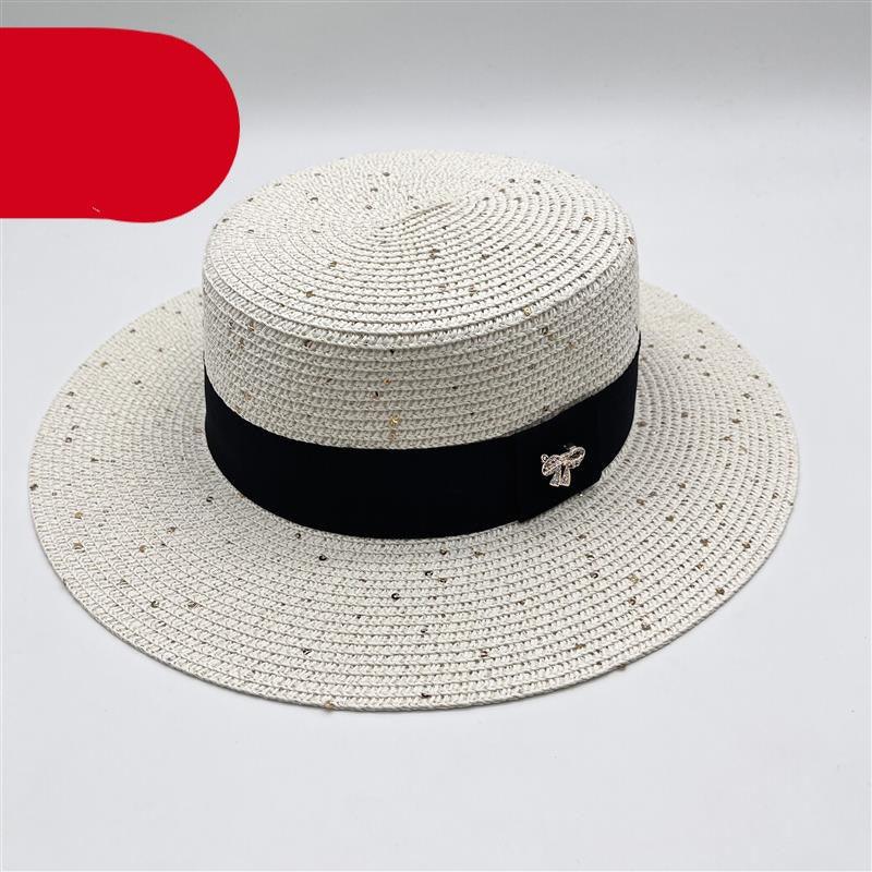 Ladies Sun Boater Classic Flat Hats Straw Hat Wide Brim Boater Hat Summer Straw Hat Beautiful Accessories For Women Retro Female Flat Cap Foldable Packable Beach Hat for Summer 55-58cm Stevvex