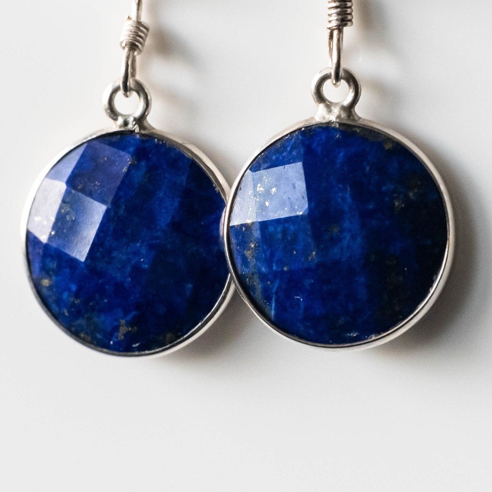Lapis Lazuli Round Drop Earrings Sterling Silver Handmade