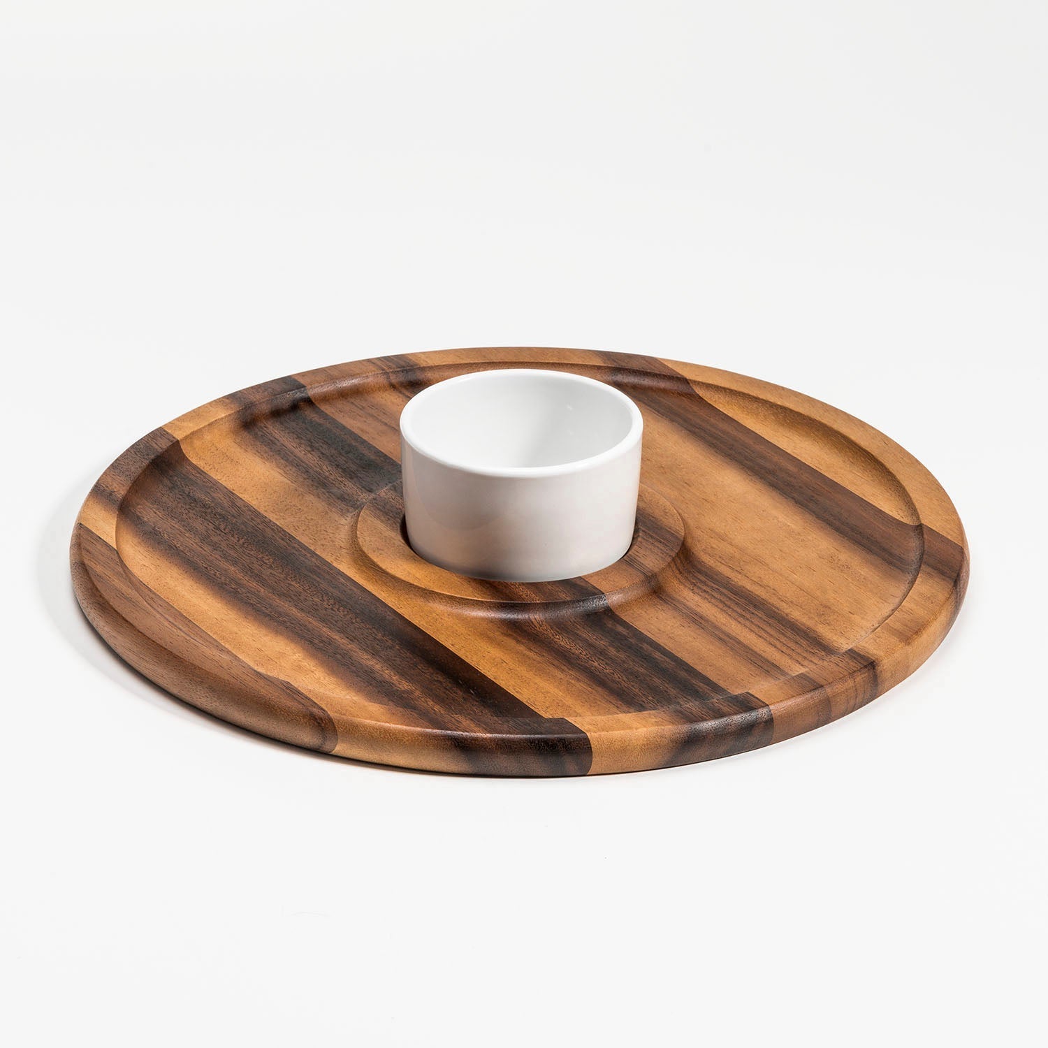 Large Acacia Wood Chip And Dip Serving Tray With Ceramic Bowl Dishwasher Safe BandsCo Straps