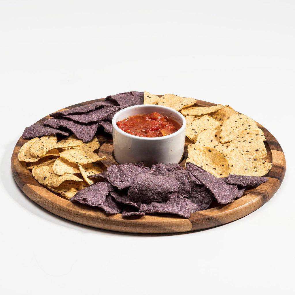 Large Acacia Wood Chip And Dip Serving Tray With Ceramic Bowl Dishwasher Safe BandsCo Straps