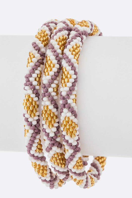 Lavender Gold Nepal Roll Up Beaded Bracelet Set Adjustable
