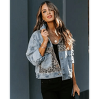 Lavish Style Winter Long-sleeved Jacket Denim Trendy Leopard Print Stitching Lapel Short Jacket For Women And Girls Stevvex