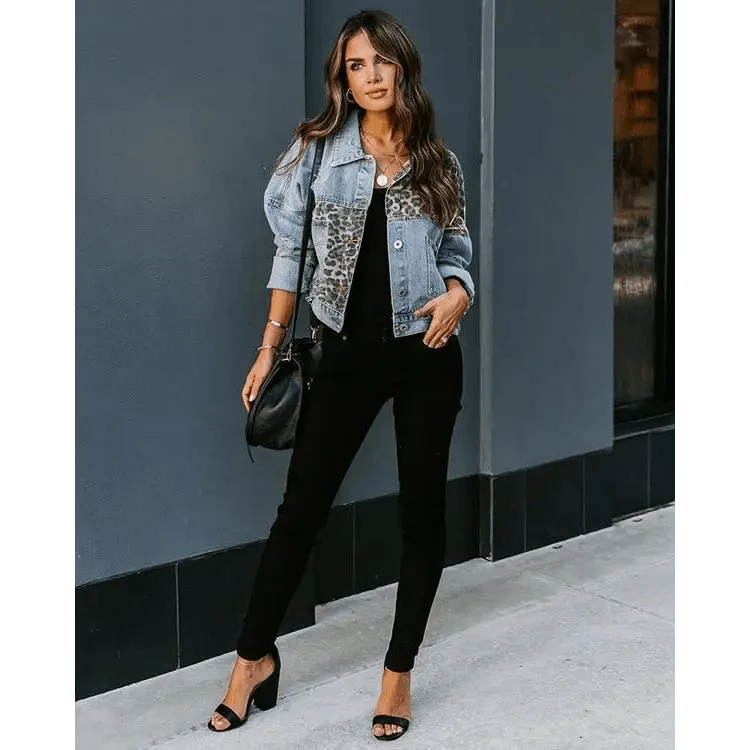 Lavish Style Winter Long-sleeved Jacket Denim Trendy Leopard Print Stitching Lapel Short Jacket For Women And Girls Stevvex