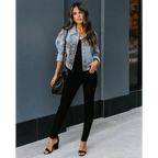 Lavish Style Winter Long-sleeved Jacket Denim Trendy Leopard Print Stitching Lapel Short Jacket For Women And Girls Stevvex