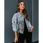 Lavish Style Winter Long-sleeved Jacket Denim Trendy Leopard Print Stitching Lapel Short Jacket For Women And Girls Stevvex