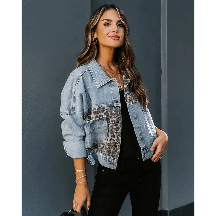 Lavish Style Winter Long-sleeved Jacket Denim Trendy Leopard Print Stitching Lapel Short Jacket For Women And Girls Stevvex