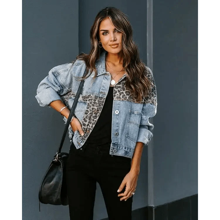 Lavish Style Winter Long-sleeved Jacket Denim Trendy Leopard Print Stitching Lapel Short Jacket For Women And Girls Stevvex