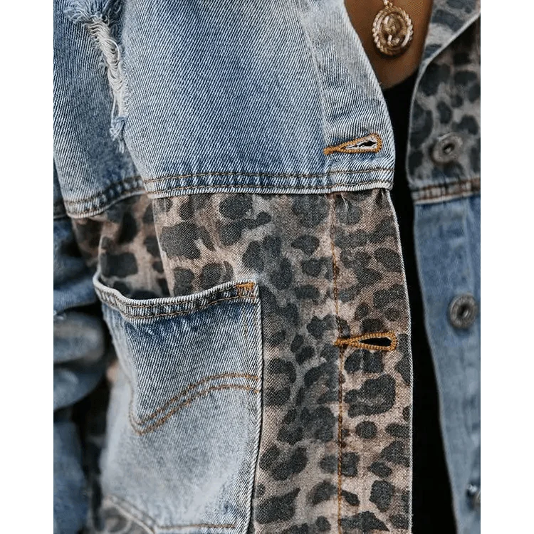Lavish Style Winter Long-sleeved Jacket Denim Trendy Leopard Print Stitching Lapel Short Jacket For Women And Girls Stevvex