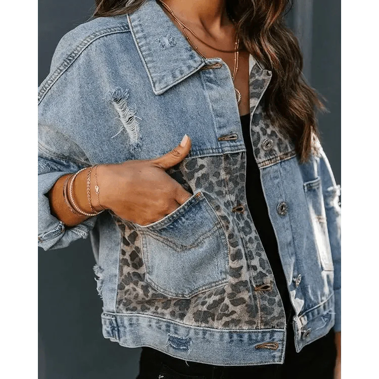 Lavish Style Winter Long-sleeved Jacket Denim Trendy Leopard Print Stitching Lapel Short Jacket For Women And Girls Stevvex