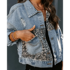 Lavish Style Winter Long-sleeved Jacket Denim Trendy Leopard Print Stitching Lapel Short Jacket For Women And Girls Stevvex