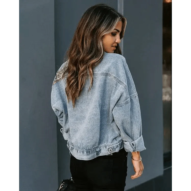 Lavish Style Winter Long-sleeved Jacket Denim Trendy Leopard Print Stitching Lapel Short Jacket For Women And Girls Stevvex