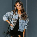 Lavish Style Winter Long-sleeved Jacket Denim Trendy Leopard Print Stitching Lapel Short Jacket For Women And Girls Stevvex