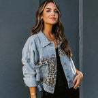 Lavish Style Winter Long-sleeved Jacket Denim Trendy Leopard Print Stitching Lapel Short Jacket For Women And Girls Stevvex