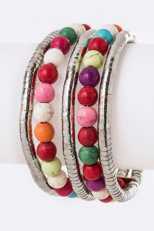 Layered Bead Wired Cuff Bracelet Boho Chic Silver Style